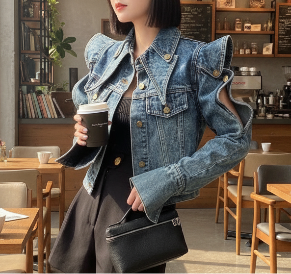 Person wearing a blue denim jacket with gold buttons, holding a black coffee cup.