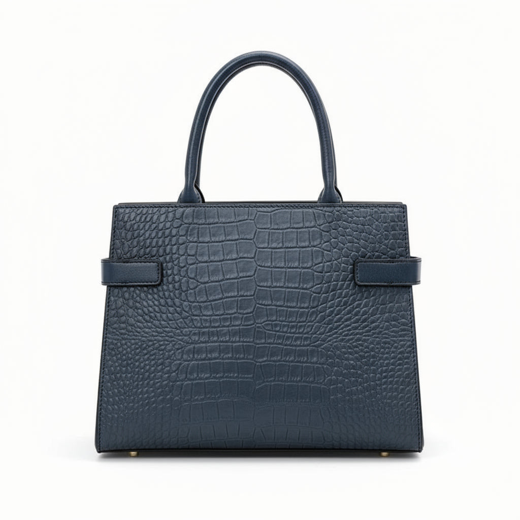 Blue textured handbag on a white background